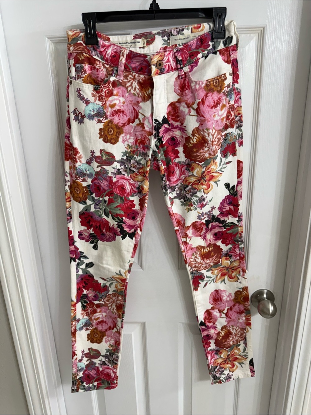 Anthropologie Cream Jeans with Pink & Red Floral Print